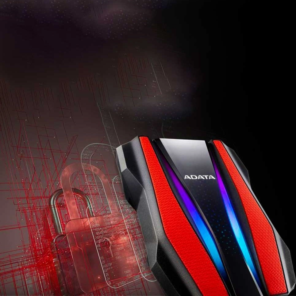 هارد اکسترنال قابل حمل برند ای دیتا با ظرفیت 2 ترابایت، مدل HD770G، دارای نور RGB، رمز گذاری 256 بیتی AES، مقاوم در برابر نفوذ غبار، ضد آب و ضربه، سازگار با سیستم عامل‌های ویندوز، مک و لینوکس، دارای رابط USB 3.2، سرعت انتقال داده‌ها 5 گیگابیت بر ثانیه
